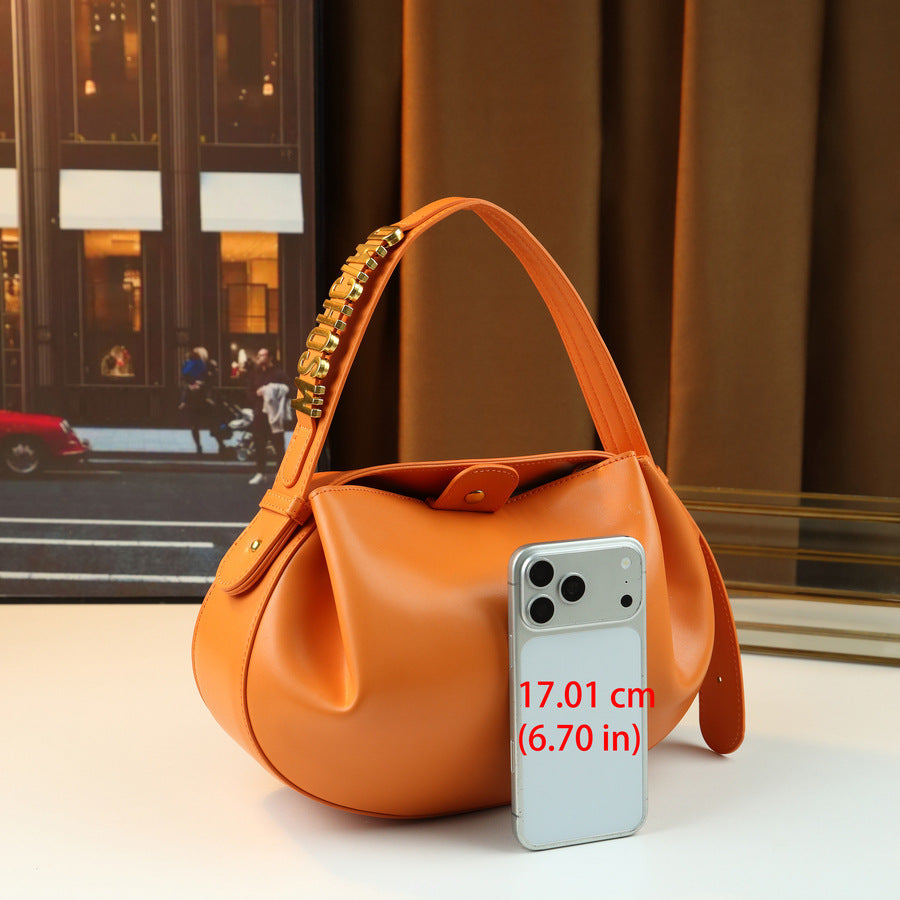 French Style Soft Leather Pleated Cloud Dumpling Bag for Women with Metal Letter Embellishment, Minimalist Solid Color Shoulder Crossbody Handbag