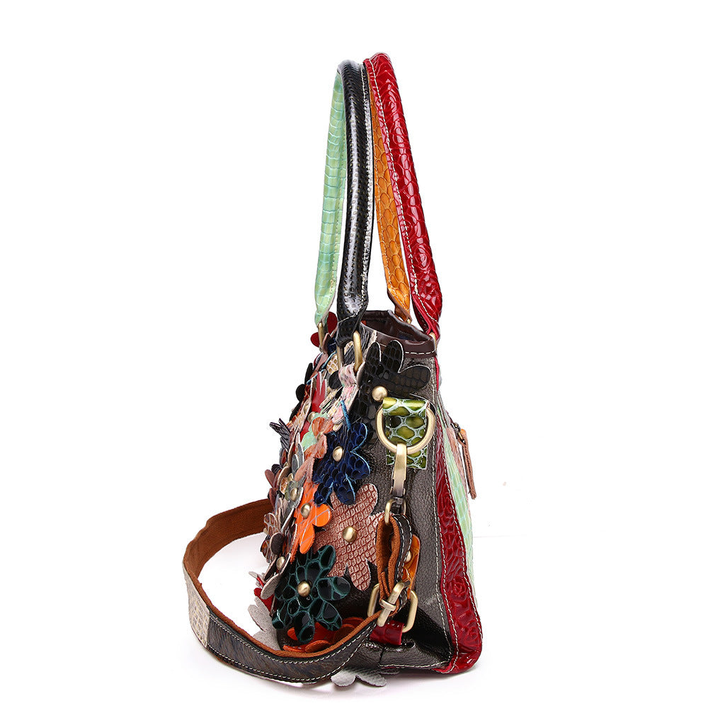 Genuine Leather Snakeskin Floral Color Block Handbag for Women, Trendy Rivet Decor Shoulder Top Handle Purse, Casual Versatile Everyday Bag