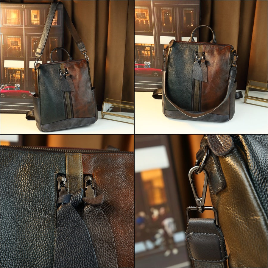 Color-Block Cowhide Backpack for Women Lightweight Travel Shoulder Handbag with Large Capacity and Versatile Casual Design