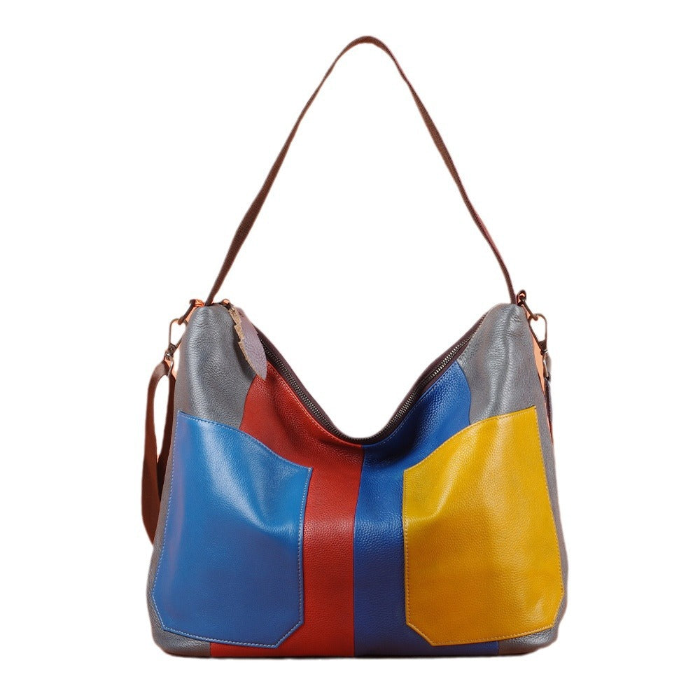 Genuine Top Layer Cowhide Colorful Patchwork Handbag for Women, Handmade Vintage Retro Crossbody Shoulder Purse, Unique Designer Leather Bag for Ladies