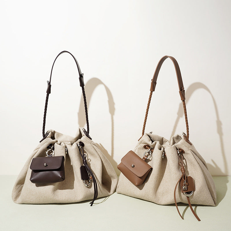 New Linen & Leather Drawstring Cloud Bag, Minimalist Casual Shoulder Crossbody Purse, Premium Versatile Handbag for Women