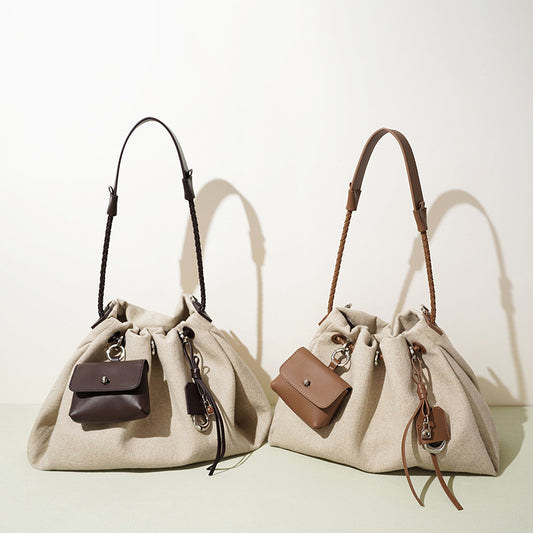 New Linen & Leather Drawstring Cloud Bag, Minimalist Casual Shoulder Crossbody Purse, Premium Versatile Handbag for Women
