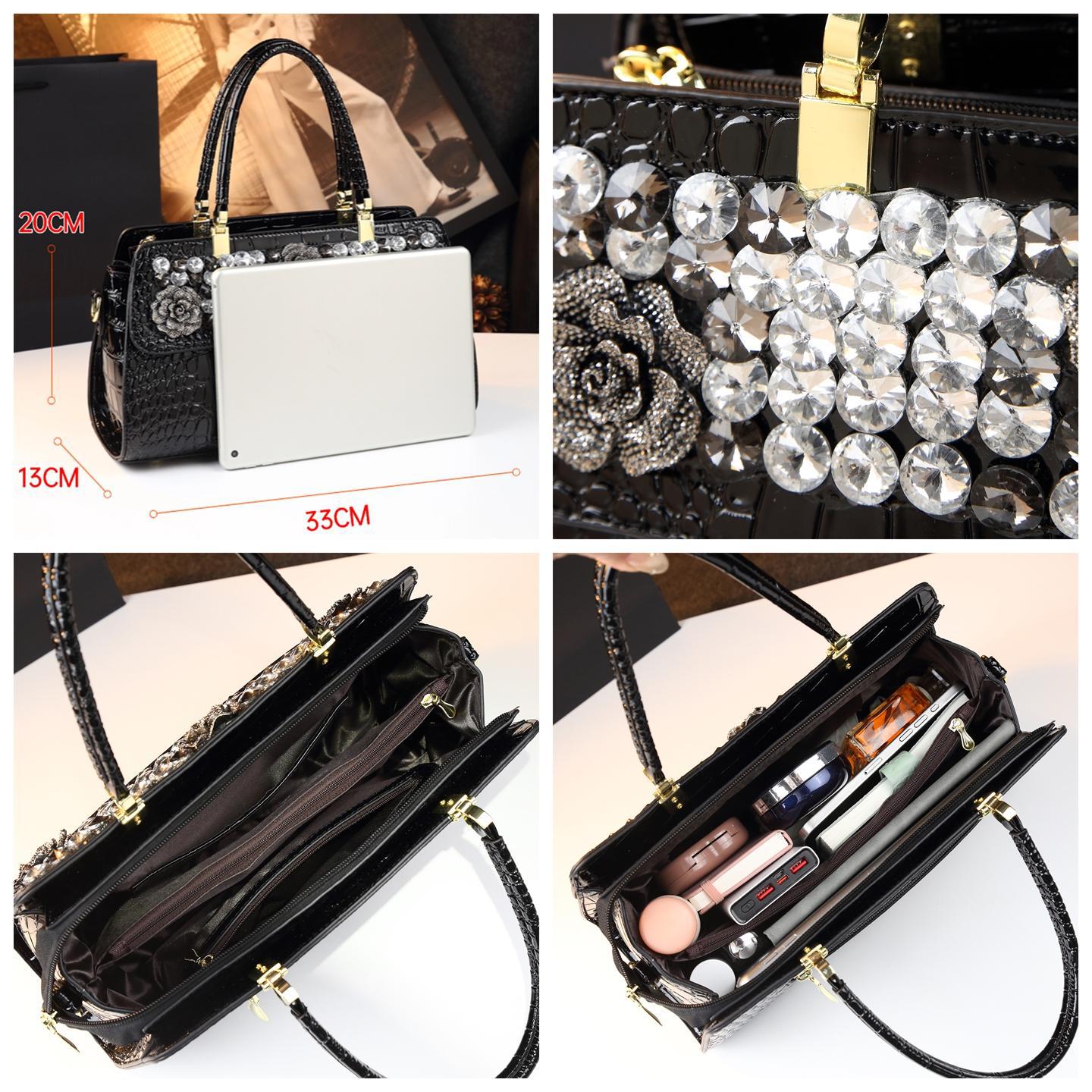New Arrival 2026 Rhinestone-Embellished Croc-Effect Mom Bag for Women, An Elegant Large Capacity Shoulder Crossbody Top-Handle Handbag with Premium Design