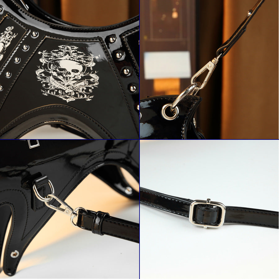 Mirror Bat Wing Bag for Women Halloween Skull Rivet Handbag, Gothic Mirror Metallic Shoulder Crossbody Purse with Unique Bat-Shaped Silhouette