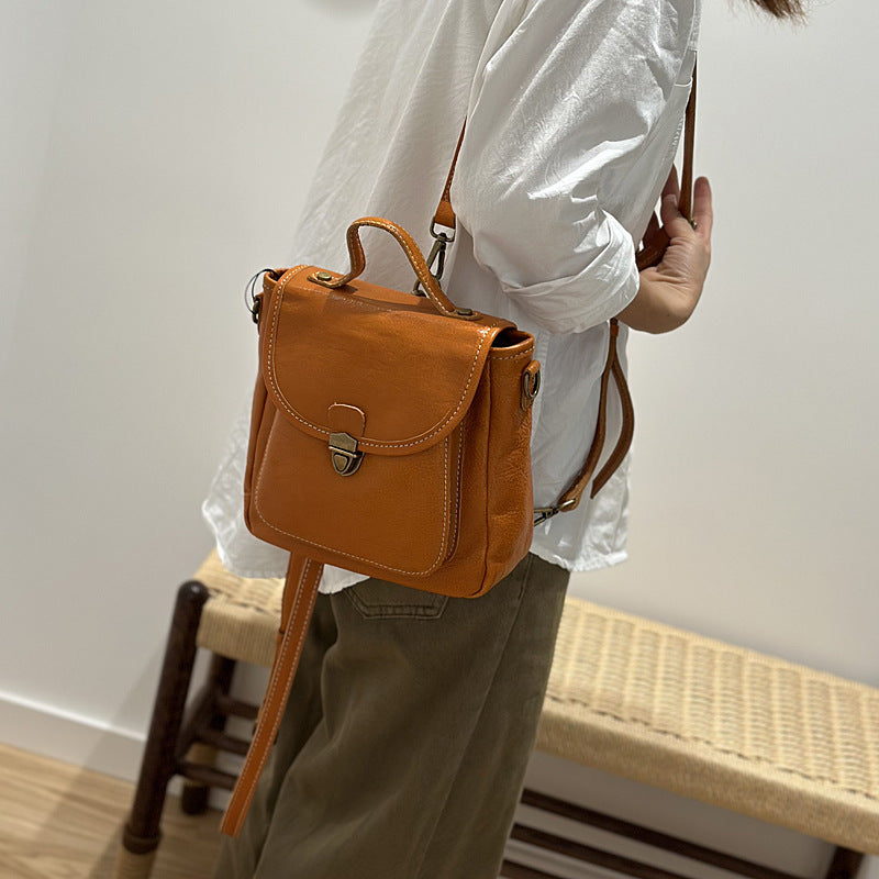 Genuine Top Layer Vegetable-Tanned Cowhide Backpack for Women, Fall Winter Small Shoulder Crossbody 2-in-1 Purse, Versatile Everyday Daypack for Ladies
