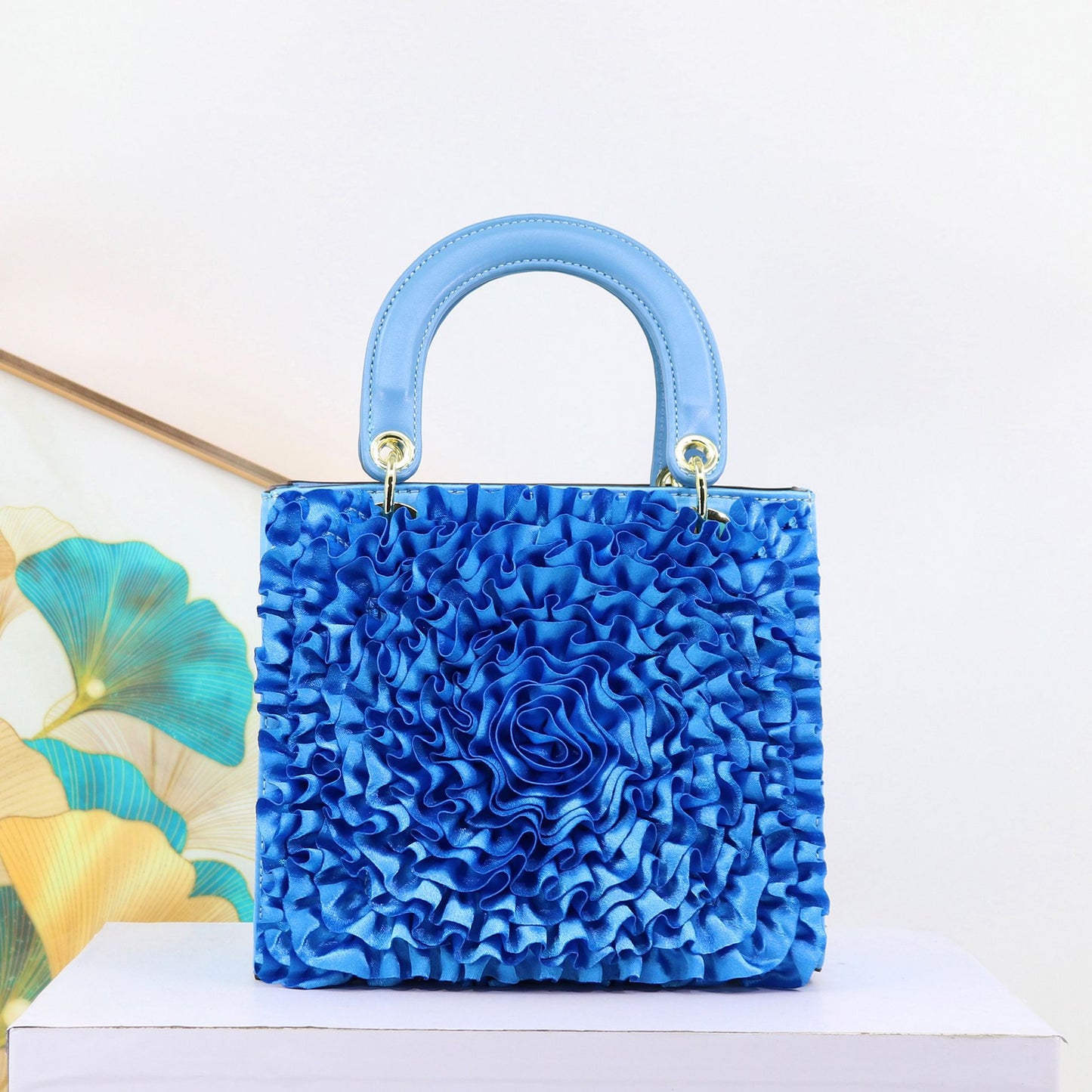 Premium Satin Ruffle Flower Diana-Style Handbag for Women, Exquisite Southeast Asian Designer Bag, High-Quality Ladies Shoulder Purse
