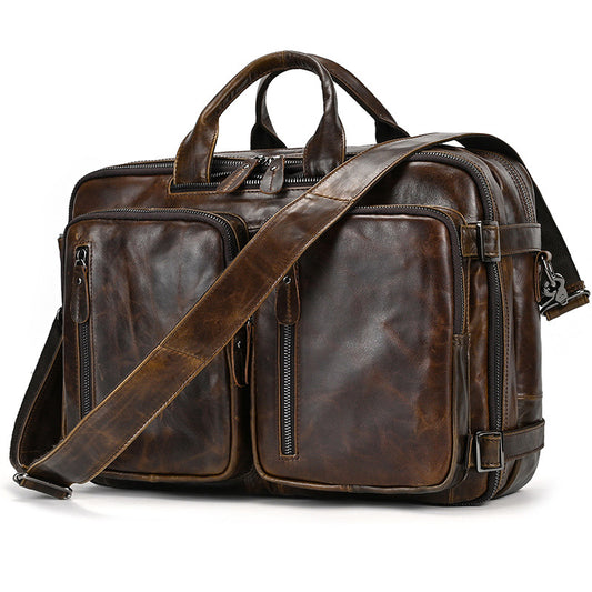 15-Inch Vintage Cowhide Business Briefcase Backpack, Multifunctional Commute Laptop Bag, Premium Genuine Leather Work Bag 7408 for Men