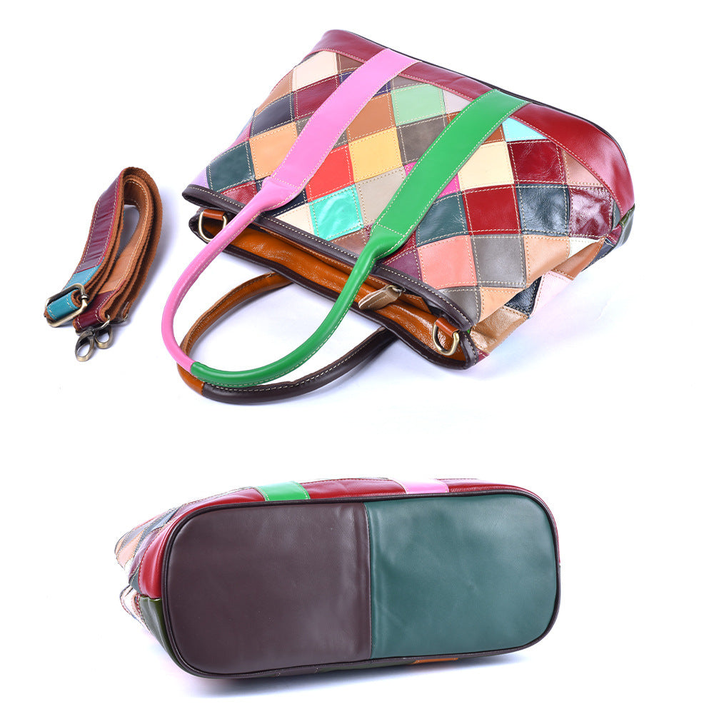 Checkered Patchwork Color Block Tote in Top Layer Cowhide, Fashionable Shoulder Crossbody Top Handle Handbag, Stylish Bag for Women