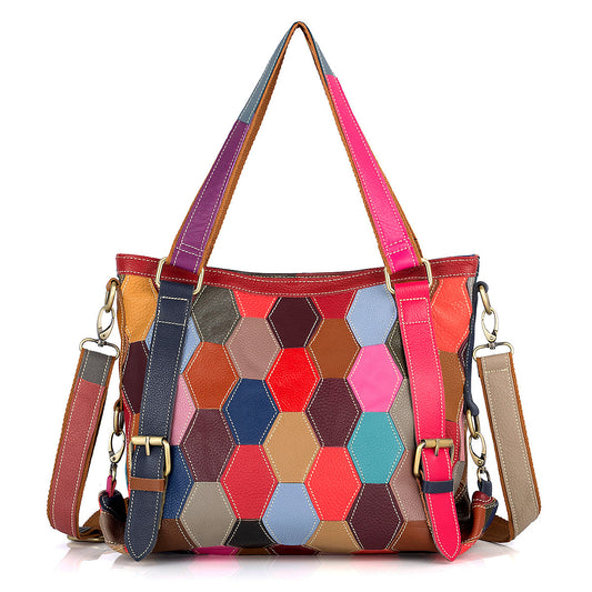 Genuine Leather Multicolor Random Color Block Geometric Patchwork Handbag for Women, Casual Trendy Shoulder Crossbody Tote Purse, Unique Designer Bag for Ladies