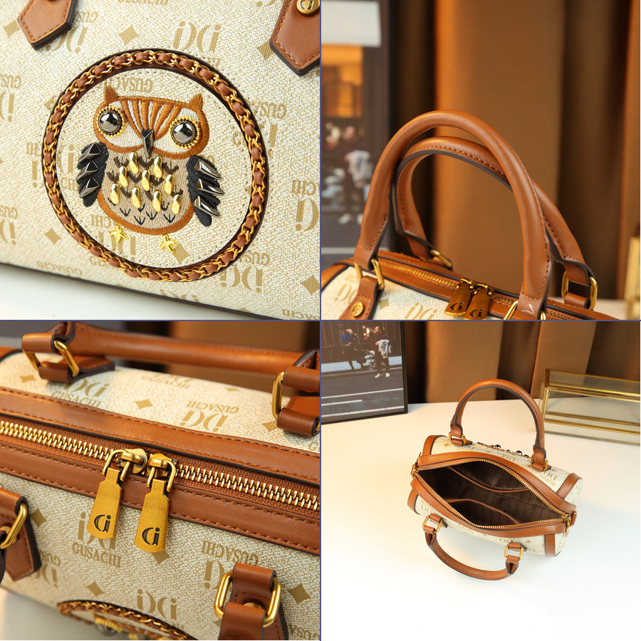 Owl Letter Print Studded Pillow Bag for Women Vintage American Style Shoulder Handbag, Unique Design Purse with Edgy Hardware Accents