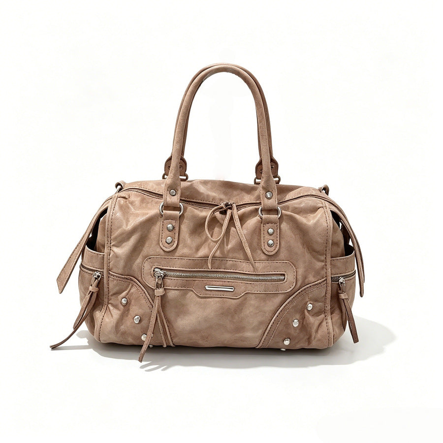 Vintage Studded Biker Tote Bag for Women Large Capacity Distressed Shoulder Crossbody Handbag, Versatile Travel Purse with Edgy Hardware Accents