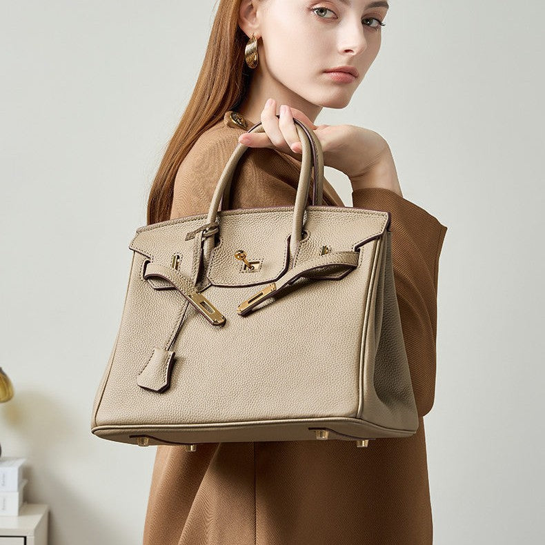 Premium Top-Layer Cowhide Leather with Pebbled Texture, Birkin-Inspired Tote Bag for Women, Spacious Large Capacity Top-Handle Shoulder Crossbody Handbag with Luxurious Feel