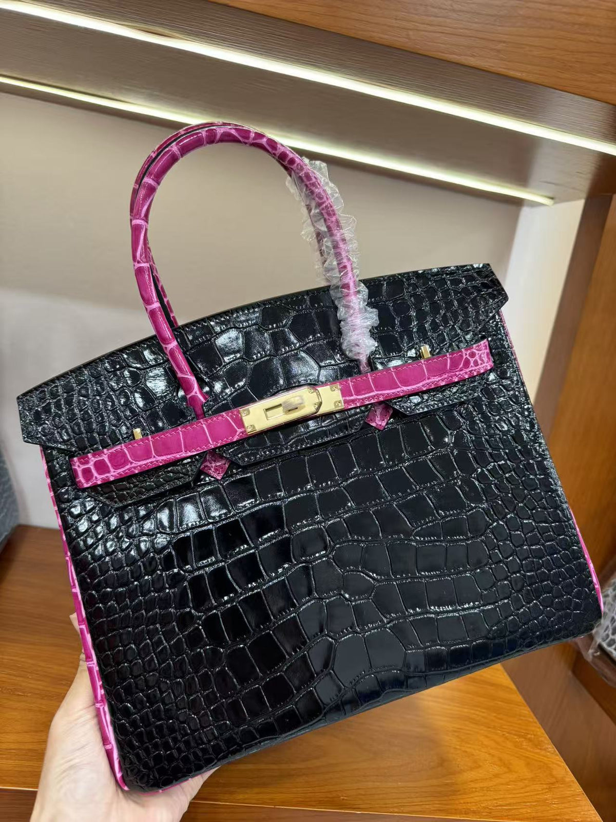 Genuine Leather High-Gloss Crocodile-Embossed Birkin-Style Bag for Women, Large Capacity Three-Color Patchwork Top Handle Purse, Premium Handbag for Ladies