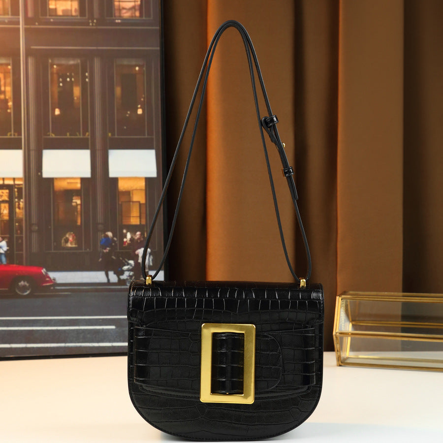 Chic Vintage Croc-Effect Saddle Bag for Women, A Light Luxury Square Buckle Embossed Shoulder Crossbody Handbag with Textured Premium Design