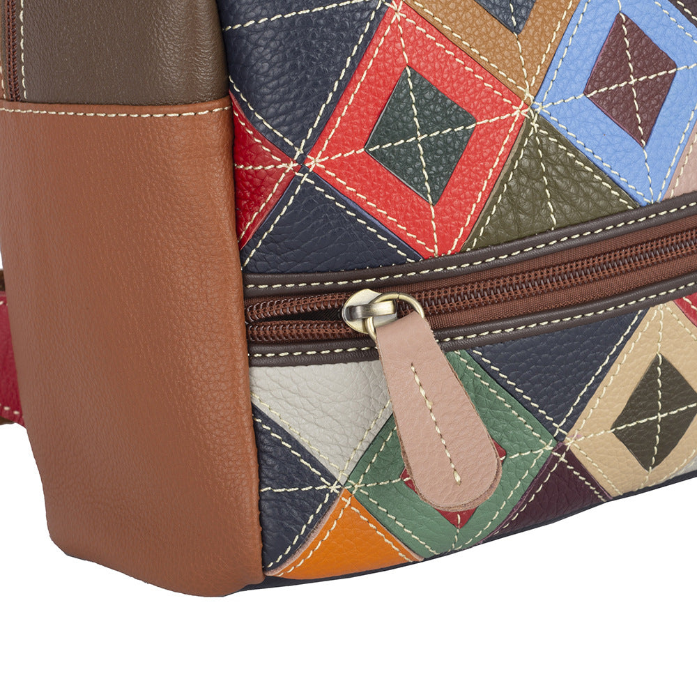 Genuine Top Layer Cowhide Colorful Plaid Color Block Backpack for Women, Casual Travel Daypack, Trendy Leisure Shoulder Bag for Ladies