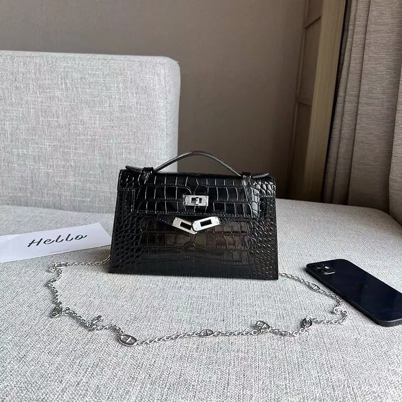 New Spring/Summer Kelly-Inspired Croc-Effect Genuine Leather Mini Bag for Women, A Versatile Chain Shoulder Top-Handle Handbag Perfect for Everyday Style