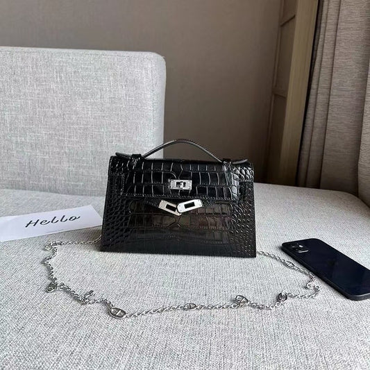 New Spring/Summer Kelly-Inspired Croc-Effect Genuine Leather Mini Bag for Women, A Versatile Chain Shoulder Top-Handle Handbag Perfect for Everyday Style