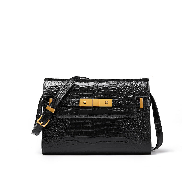 New Arrival Vintage Croc-Effect Baguette Messenger Bag for Women, A Genuine Leather Underarm Top-Handle Handbag with Manhattan-Style Structured Design