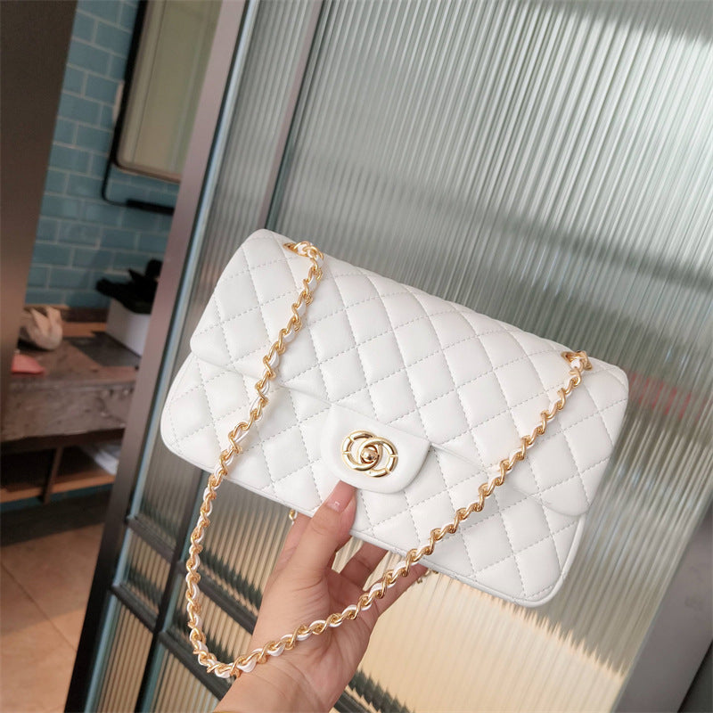 Genuine Lambskin Leather Diamond Quilted Chain Handbag for Women, New Arrival Fashionable Lock Buckle Shoulder Crossbody Purse, Premium Chic Bag for Ladies
