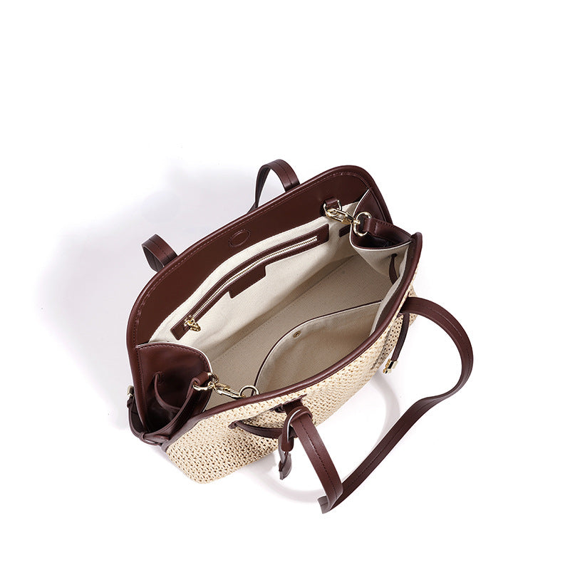 Patchwork Niche Design Cowhide Bag, Large Capacity Spring Summer Resort Style Underarm Shoulder Purse, Premium Straw Woven Handbag for Women