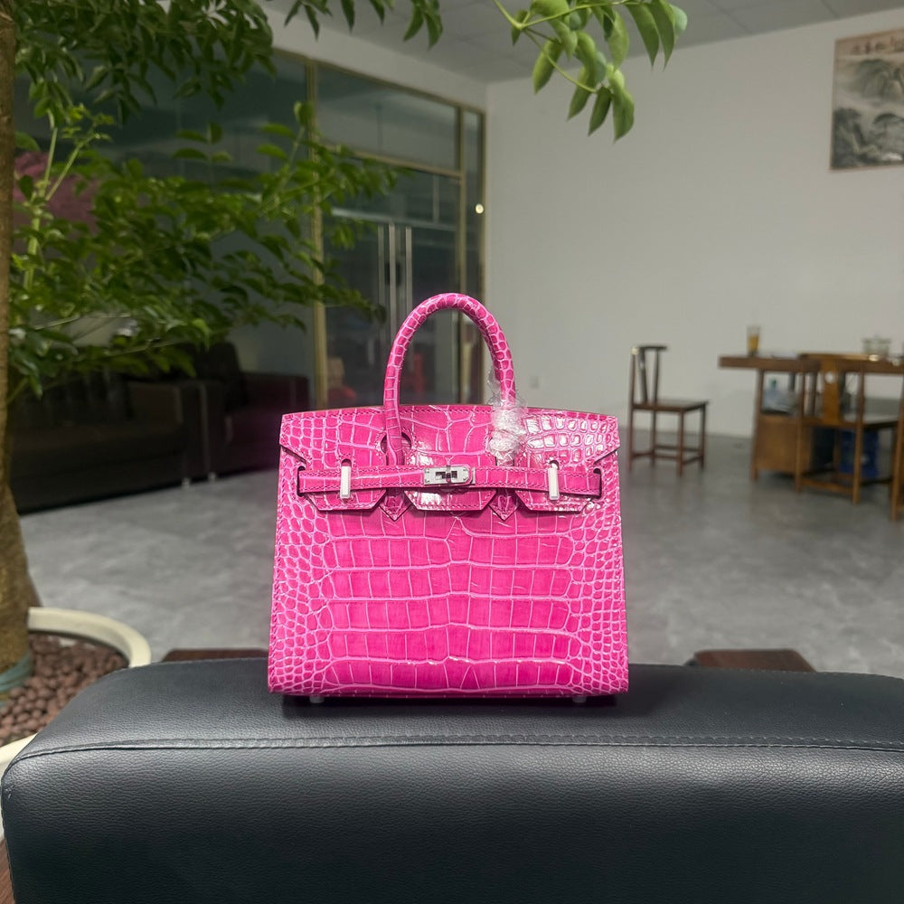 Genuine Top Layer Cowhide Crocodile-Embossed Birkin-Style 25 Bag for Women, External Stitching Hand-Stitched Waxed Thread with Steel Hardware, Lambskin Lining Handbag for Ladies