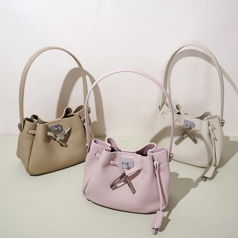 Genuine Pebbled Soft Leather Bucket Bag for Women, Relaxed Versatile Underarm Shoulder Crossbody Purse, Spring Summer Premium Niche Handbag for Ladies