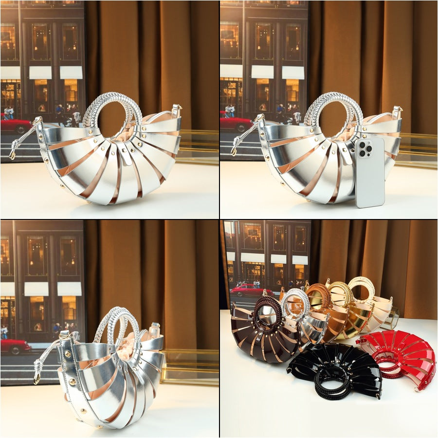 Fan-Shaped Shell Bag for Women Hollow Woven Sub-Bag Handbag, Trendy Shoulder Crossbody Purse with Unique Floral-Inspired Design
