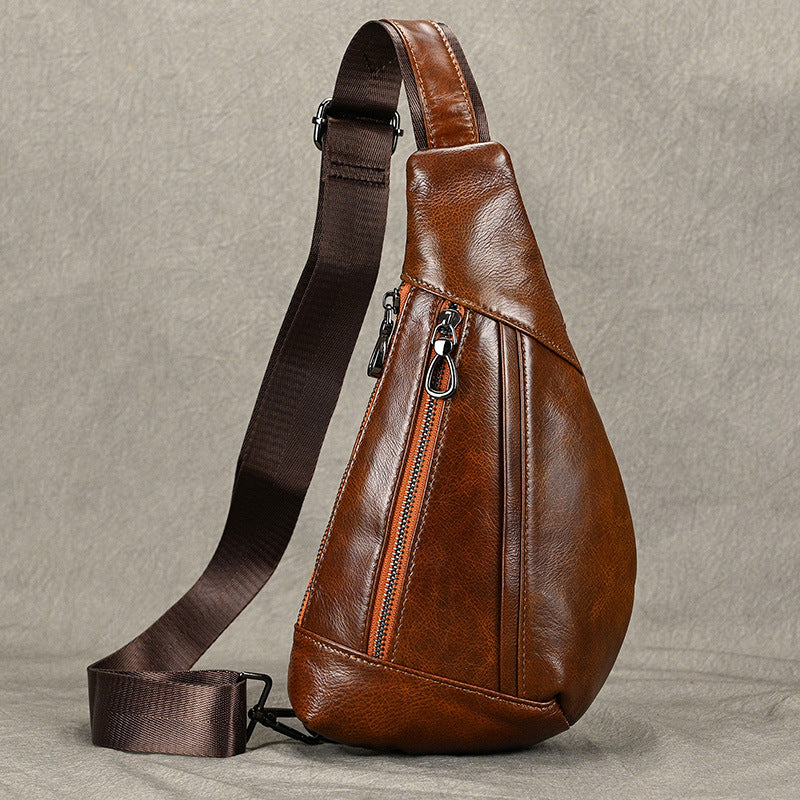 Creative Fashion Black Chest Bag in Top Layer Cowhide, Crossbody Shoulder Pouch, Outdoor Casual Bag for Men
