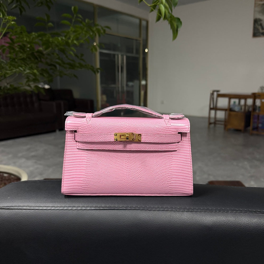Genuine Top Layer Cowhide Lizard-Embossed Kelly-Style 22cm Bag for Women, Hand-Stitched Waxed Thread with Hand-Hammered Hardware, Lambskin Lining Square Purse with Full Steel Hardware for Ladies