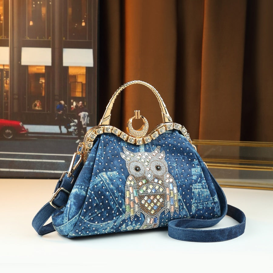 Denim Rhinestone Dumpling Bag for Women with Owl Crystal Design, Elegant Shoulder Handbag with Premium Embellished Style