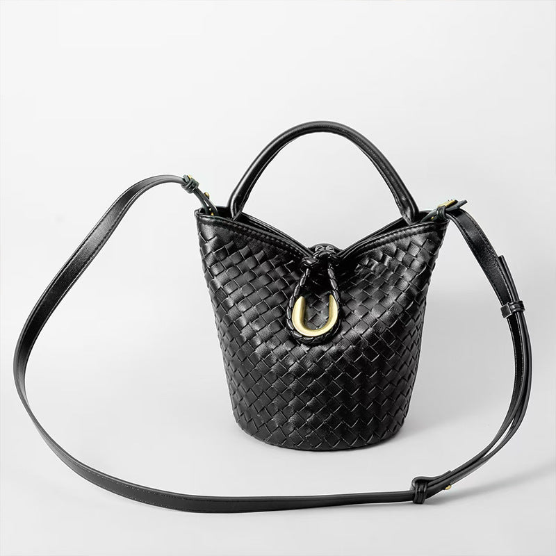 Genuine Cowhide Handwoven Bucket Bag with U-Buckle, New Vintage Shoulder Crossbody Top Handle Purse, Premium Handwoven Handbag for Ladies