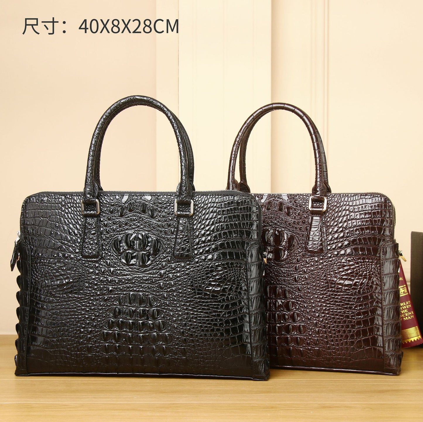 New Arrival Croc-Effect Double-Zip Business Briefcase for Men, A High-End Top-Handle Bag with Light Luxury Sophisticated Design, Perfect for Work & Travel