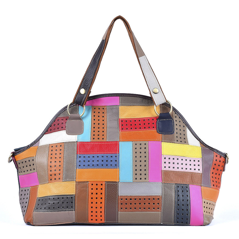 New Color Block Patchwork Genuine Cowhide Tote, Unique Design Large Capacity Shoulder Crossbody Top Handle Purse, Stylish Handbag for Women