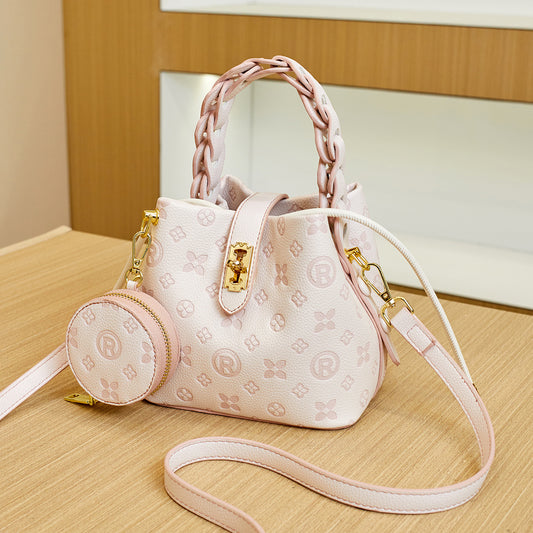 New Pink Embossed Large Capacity Basket Bucket Tote, Crossbody Shoulder Purse, Light Luxury Stylish Handbag for Women