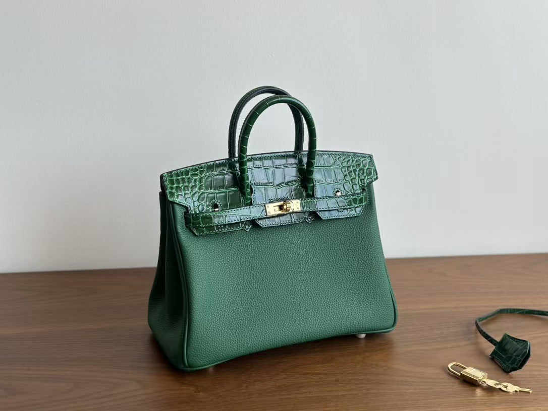 Women's Togo Leather Birkin-Style Tote Bag, Hermès-Inspired Crocodile-Embossed Top-Handle Handbag with Premium Top-Layer Cowhide, Luxe Spacious Satchel for Work & Travel, New Arrival