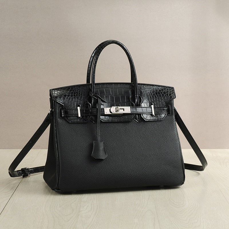 Genuine Top Layer Cowhide Patchwork Handbag for Women, New Pebbled & Crocodile-Embossed Crossbody Top Handle Purse, Trendy Leather Bag for Ladies