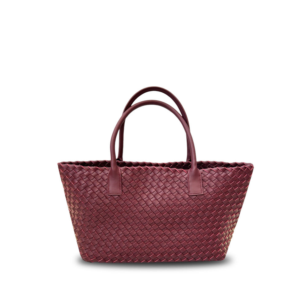 Leather woven vegetable basket cowhide tote large capacity underarm hand bag female