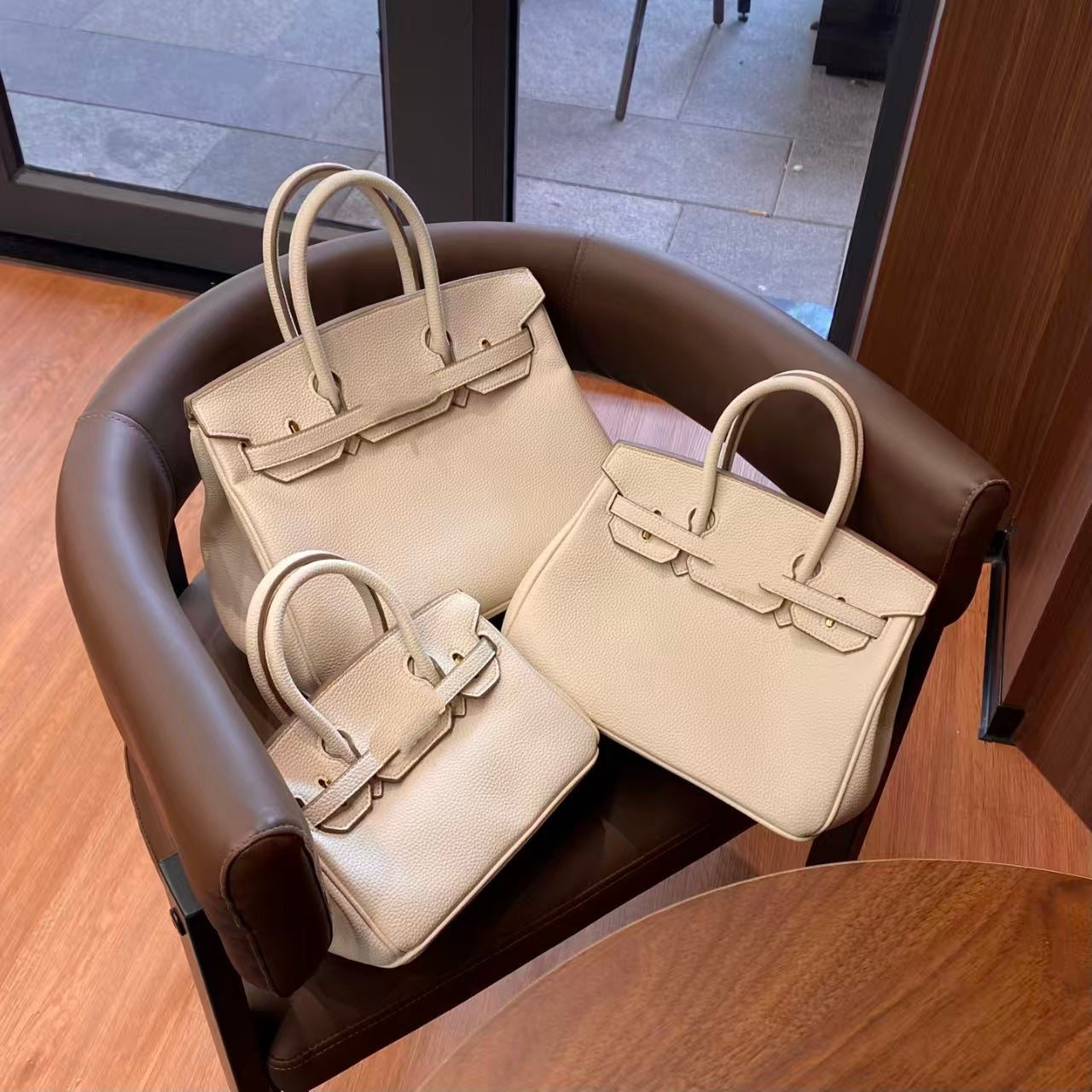 Genuine Togo Top Layer Cowhide Birkin-Style Bag with Waxed Thread Stitching, Full Steel Hardware Lock Top Handle Handmade Purse, Premium Leather Bag for Ladies