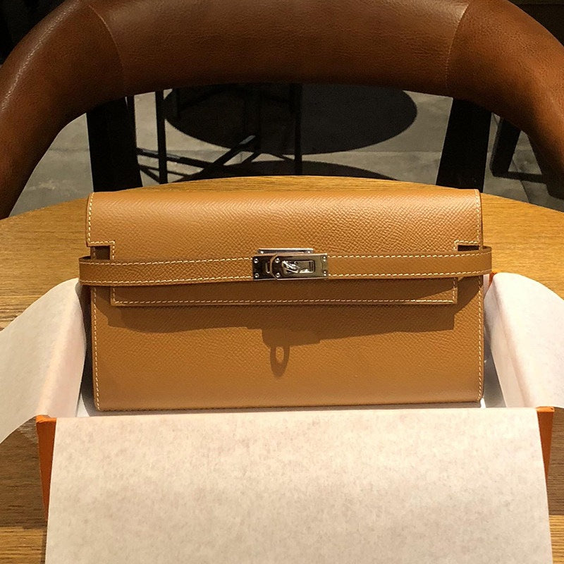 Genuine Togo Leather Long Wallet Clutch for Women, Hermès-Inspired Kelly-Style Money Holder, Premium Epsom Leather Phone Bag for Ladies