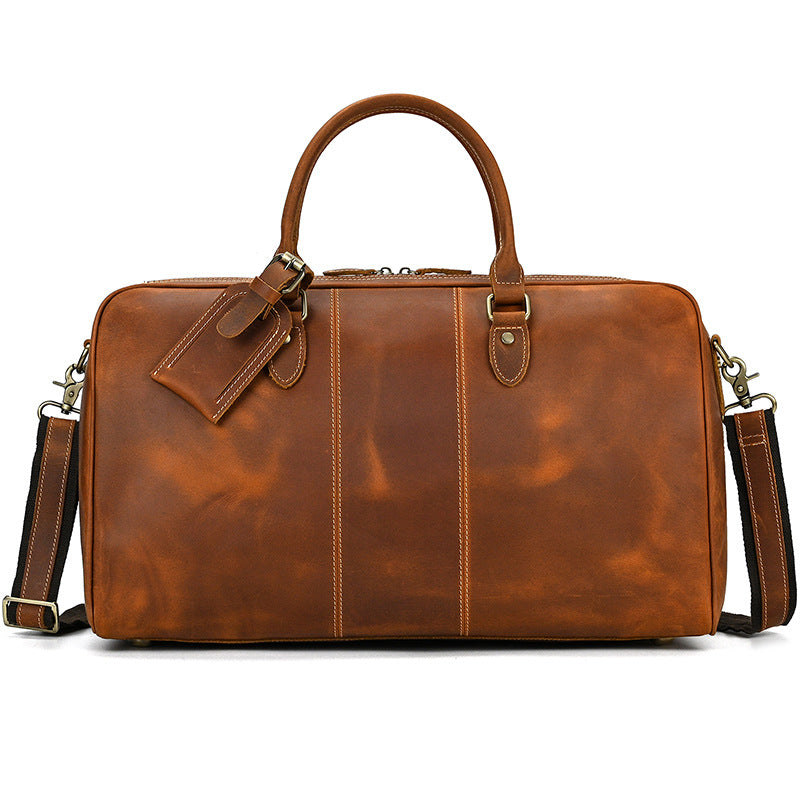 20-Inch Vintage Crazy Horse Leather Travel Duffle, Large Capacity Top Handle Shoulder Luggage Bag, Premium Cowhide Weekender for Men