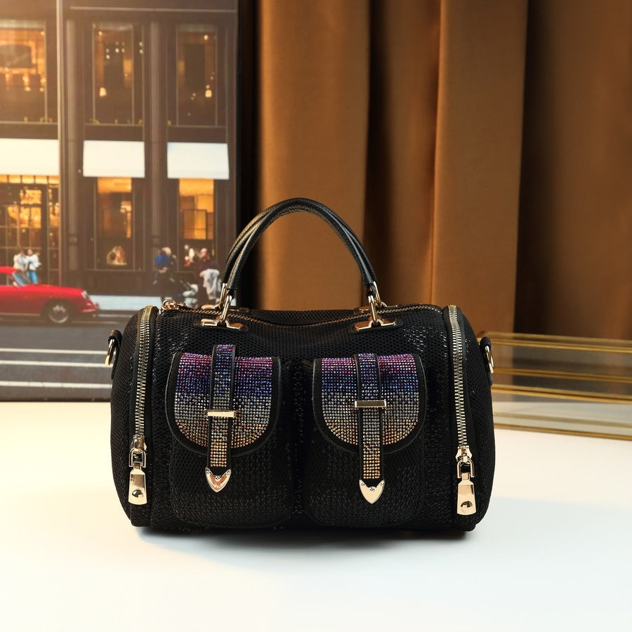 Rhinestone Sequin Soft Leather Tote Bag for Women Large Capacity Shoulder Crossbody Handbag, Sparkly Glamorous Purse with Premium Finish