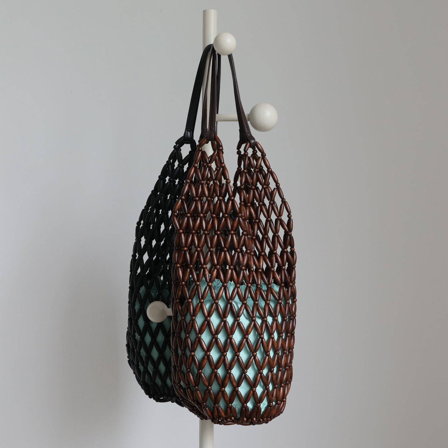 Wooden Bead Handwoven Underarm Bag for Women Cowhide Leather Shoulder Handbag, Artistic Resort Style Purse with Hollow Design