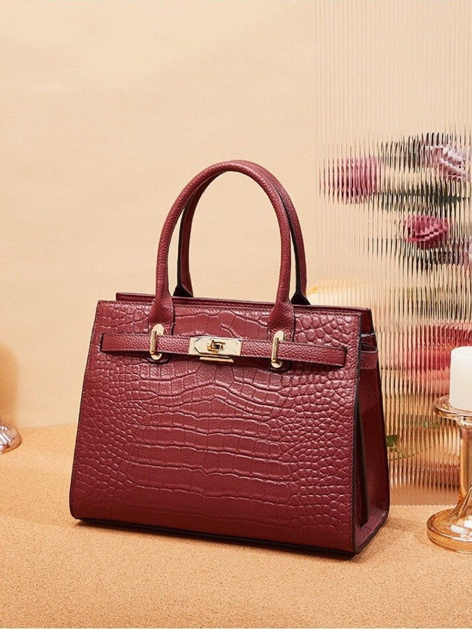 New Arrival Fall/Winter Kelly-Inspired Genuine Leather Tote Bag for Women, A Large Capacity Shoulder Crossbody Handbag with Croc-Effect & Versatile Design