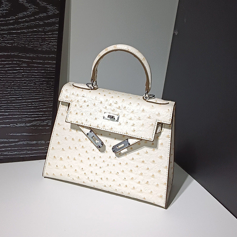 Genuine Leather Ostrich-Embossed Kelly-Style Bag for Women, New Spring Summer Premium Shoulder Crossbody Top Handle Purse, Fashionable Versatile Handbag for Ladies