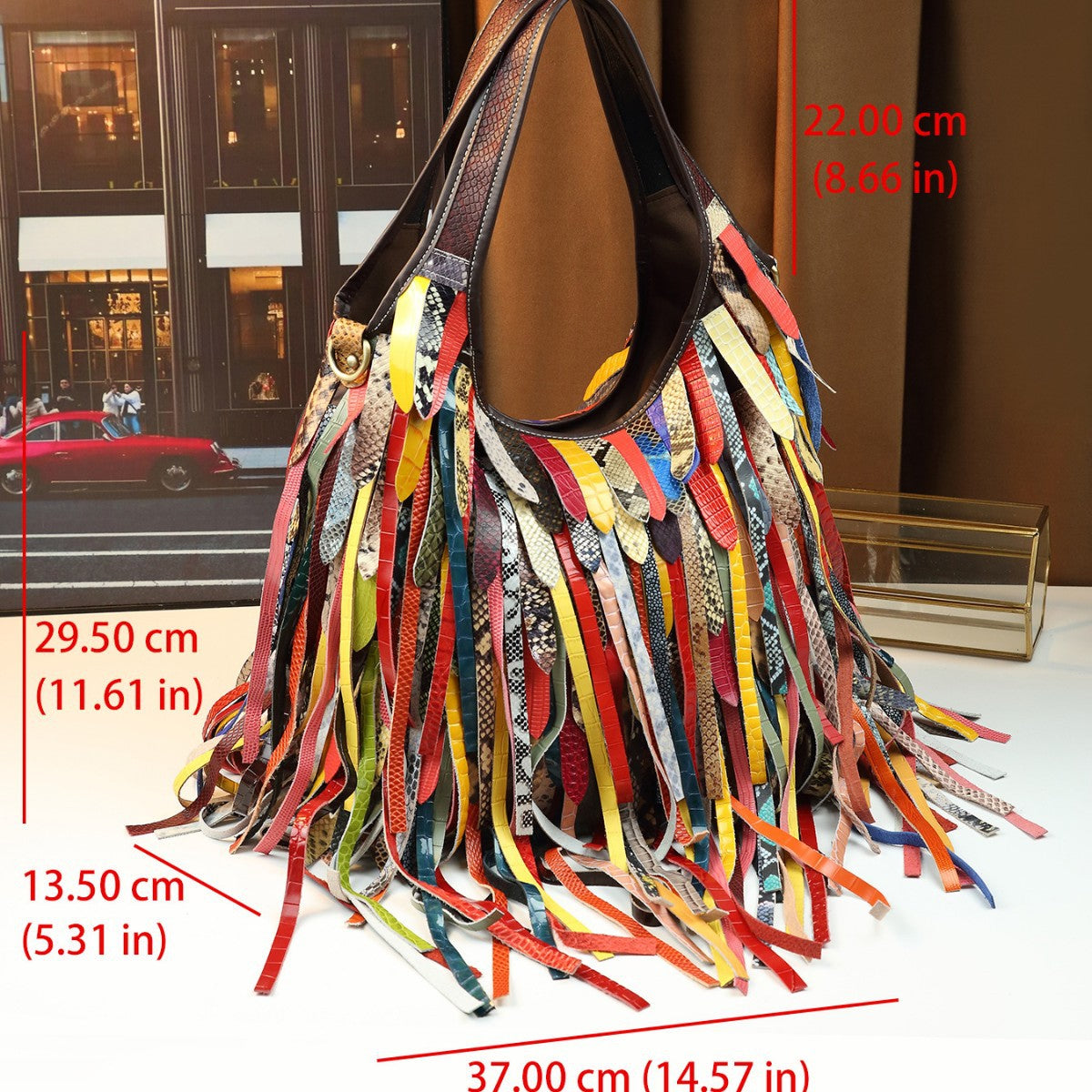 Colorful Fringe Strap Cowhide Shoulder Bag for Women Large Capacity Slouchy Street Style Handbag, Niche Purse with Playful Boho Detail
