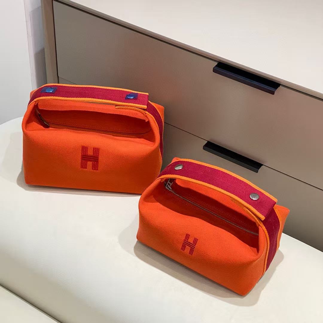 Waterproof Canvas Toiletry Bag for Women, Hermès-Inspired Travel Makeup Pouch 21/25cm, Semi-Handmade Embroidered Box Bag with Sturdy Steel Hardware, Portable Cosmetic Organizer for Daily Use