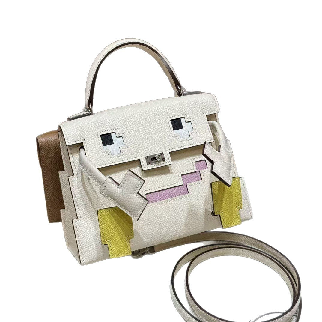 Mini Robot Doll Cross-Body Bag for Women, Hermès-Inspired Mosaic Pattern Bag with Vintage Lock, Epsom Leather Kelly-Style Shoulder Purse, Cute Novelty Handbag for Daily Wear
