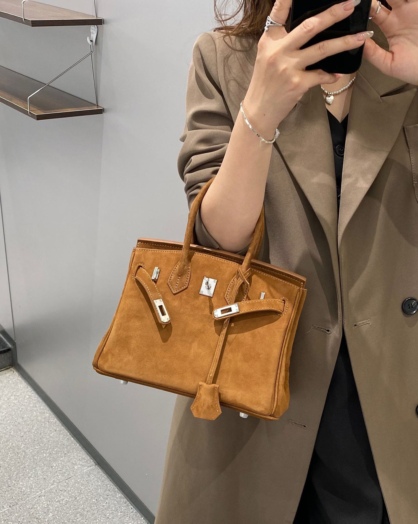 Genuine Cowhide Suede Birkin-Style Handbag for Women, New Premium Shoulder Top Handle Purse, Maillard Style Fashionable Chic Bag for Ladies