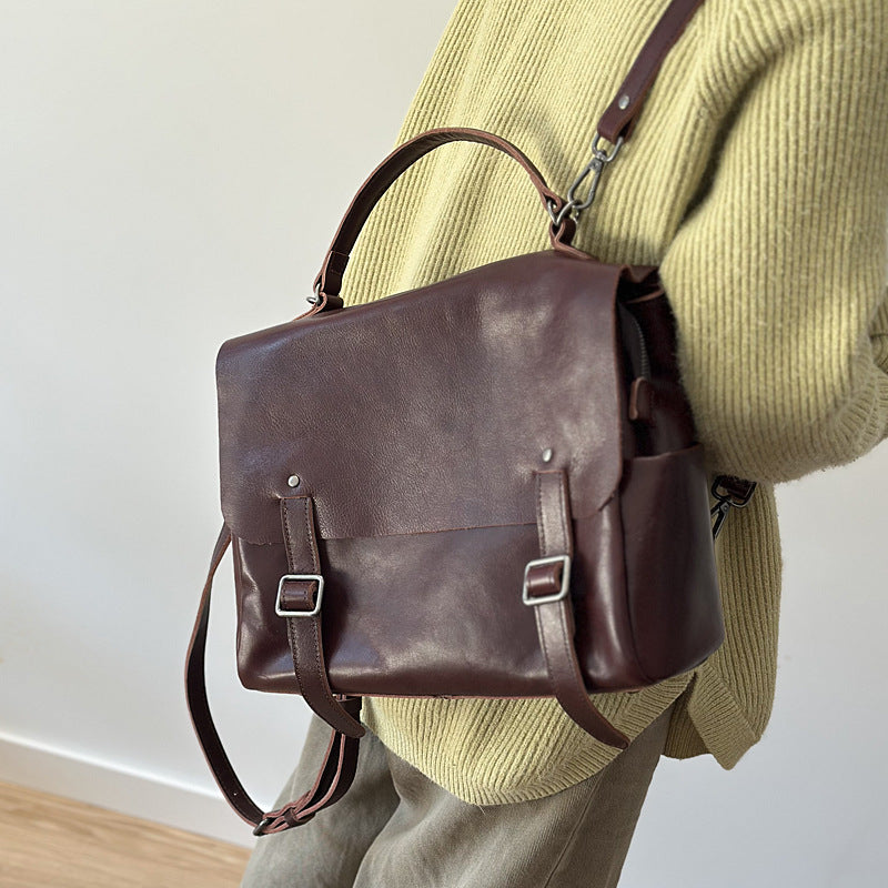 Vegetable-Tanned Leather Backpack for Women, Large Capacity Commute Travel Daypack, Versatile Shoulder Crossbody Top Handle Bag, Casual Everyday Purse for Ladies