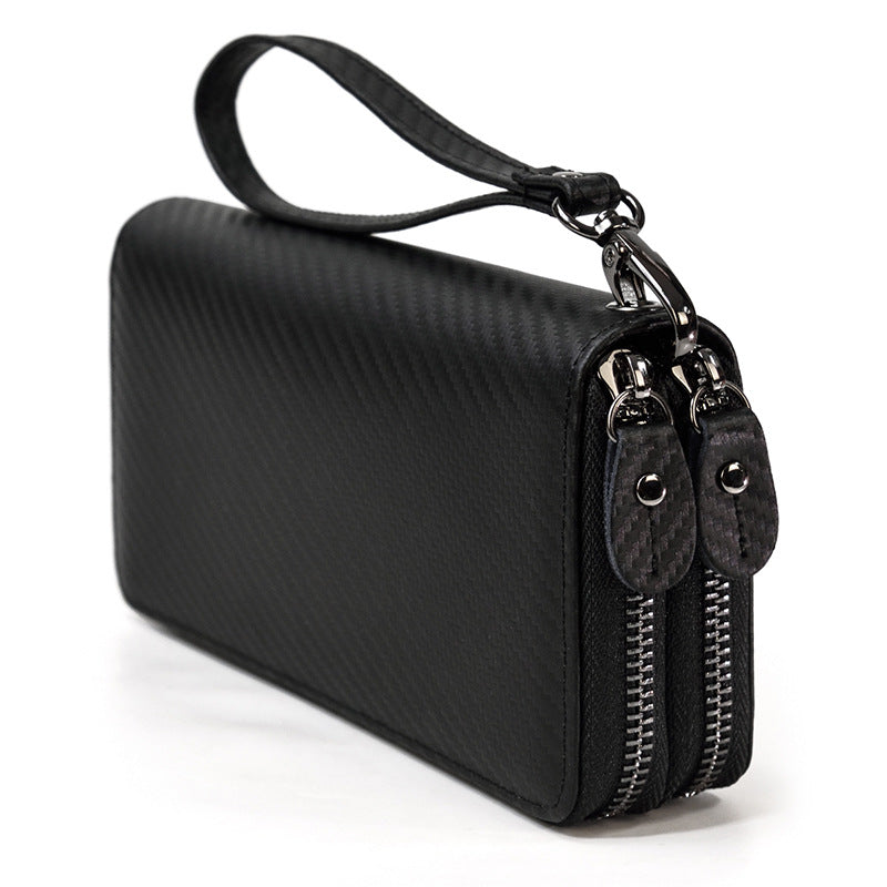 Crazy Horse Leather Double Zipper Long Wallet, Multi-Card Large Capacity Clutch, Genuine Leather Phone Bag for Men